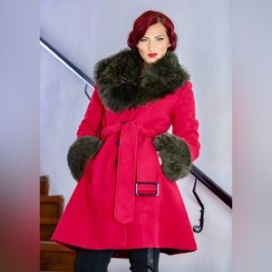 Elegant Wool Swing Coat with Faux Fur Trim